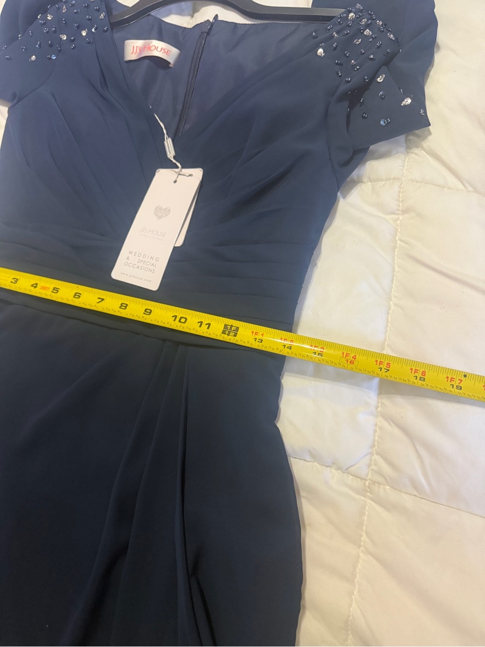 JJs House Navy Long Sleeve Evening Gown with Beaded Shoulders - Picture 3 of 8